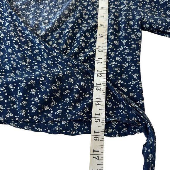 John Gault Navy Blue Floral Print Long sleee Wrap Crop Top, OS - Picture 8 of 8